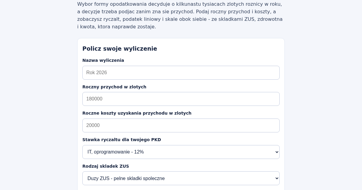 Kalkulator Podatkowy dla Freelancerów: Ryczałt, Podatek Liniowy i Skala z ZUS